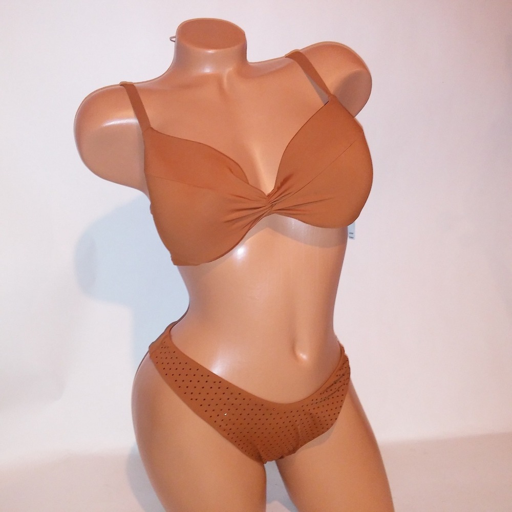 Victoria Secret Swim Bikini 36C Top Medium Bottom Ginger Bling Solid Brazilian
